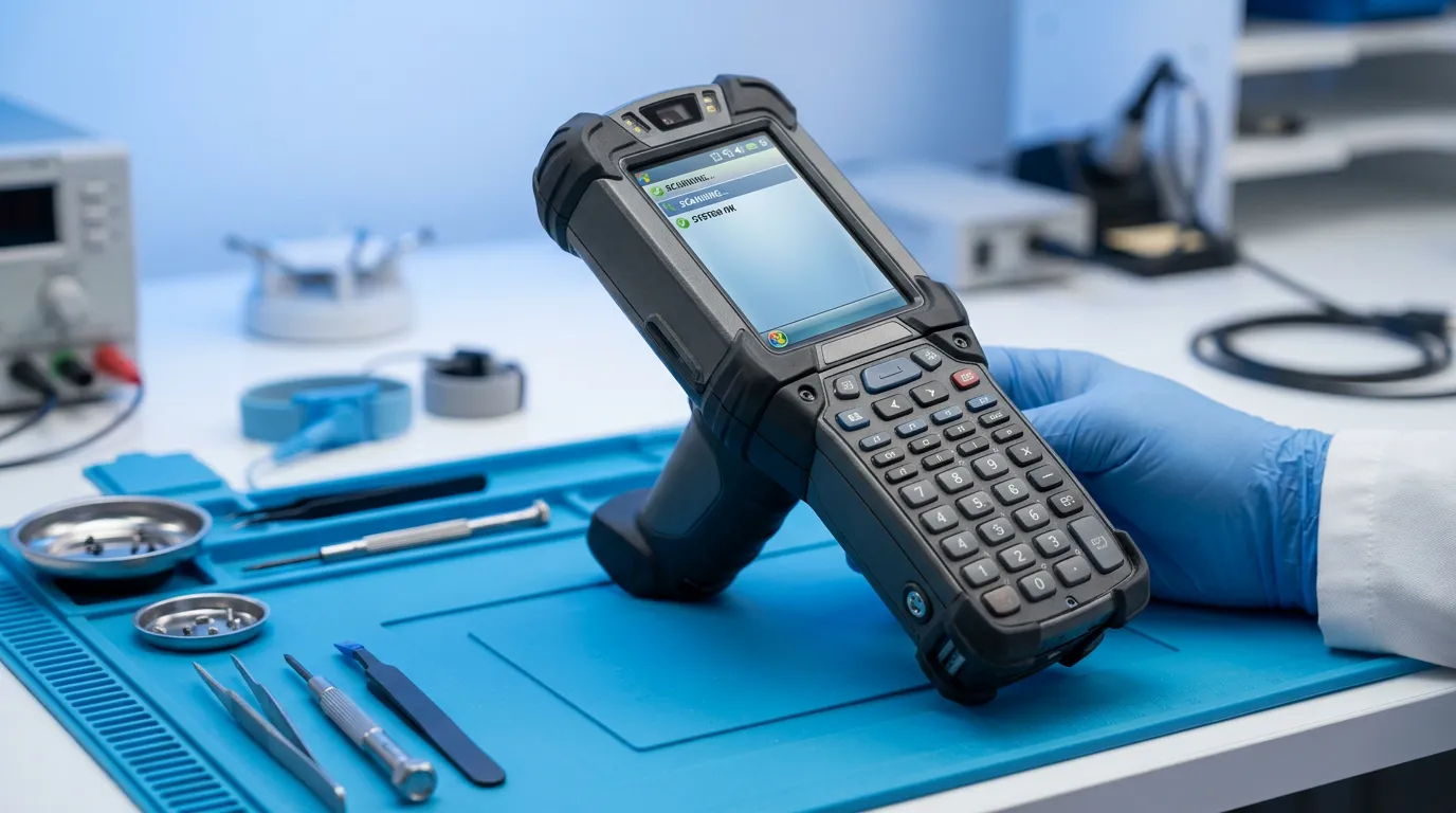 Técnico reparando computadora móvil Zebra MC92N0 con teclado físico en laboratorio de GTS México